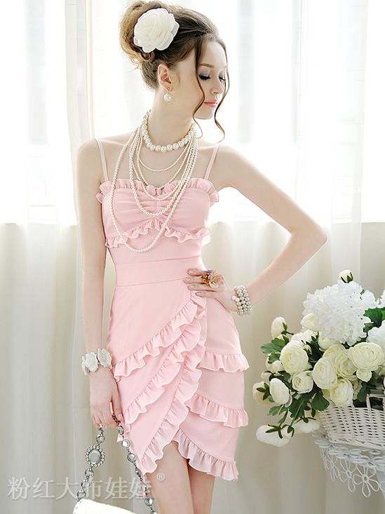 KoreaStylishLadyPinkLayeredFlouncingChiffonStrapsDress-NL040717PN