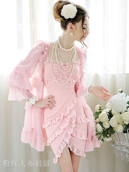 KoreaStylishLadyPinkLayeredFlouncingChiffonStrapsDress-NL040717PN