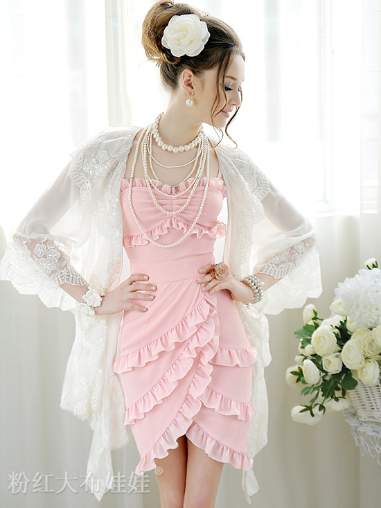 KoreaStylishLadyPinkLayeredFlouncingChiffonStrapsDress-NL040717PN