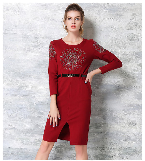 KoreanBeautifulWomenBeadingLongSleevePocketsFrontSplicedPartyDresses-ZME102054