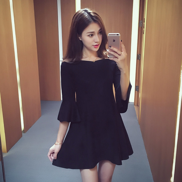 KoreanBoatNeckFashionBlackDresses-AFK090531BA