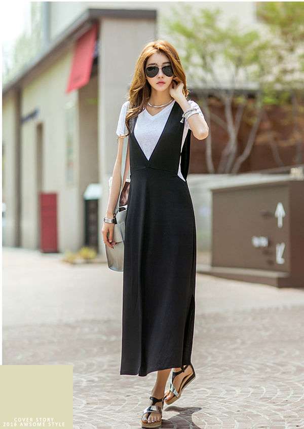 KoreanCasualLowVNeckLongDresses-ZK051222