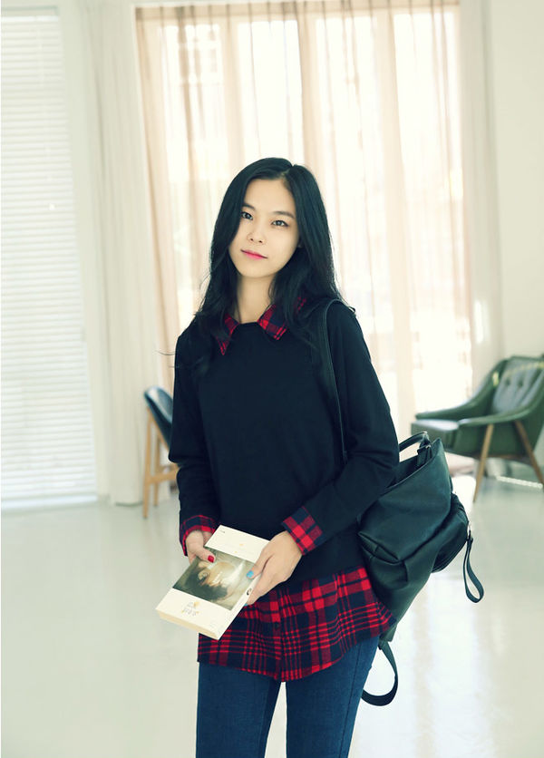 KoreanClassicBlackPlaidPrintLongSleeveBlouse-XFK022439BA