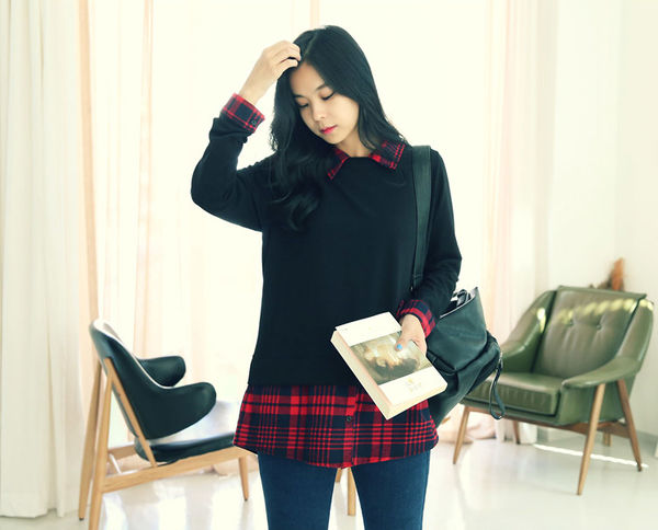 KoreanClassicBlackPlaidPrintLongSleeveBlouse-XFK022439BA