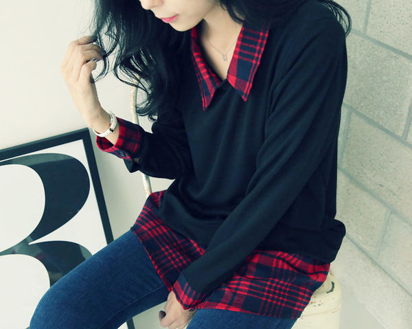 KoreanClassicBlackPlaidPrintLongSleeveBlouse-XFK022439BA