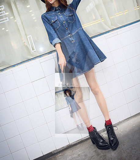 KoreanCollegeStyleBlueLongSleeveSlimWearDenimDressForWomen-XHE081203BU