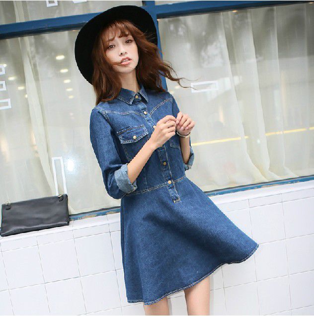 KoreanCollegeStyleBlueLongSleeveSlimWearDenimDressForWomen-XHE081203BU