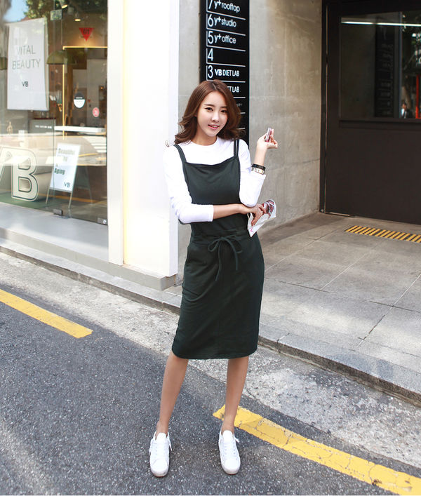 KoreanCollegeStyleWomenBackSplitBandageDressesWithWhiteTop-ZFE091747BG