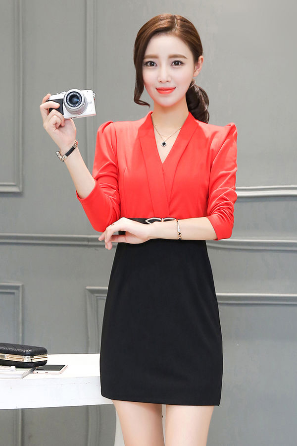 KoreanColorBlockVNeckShortFashionDresses-TZK081811