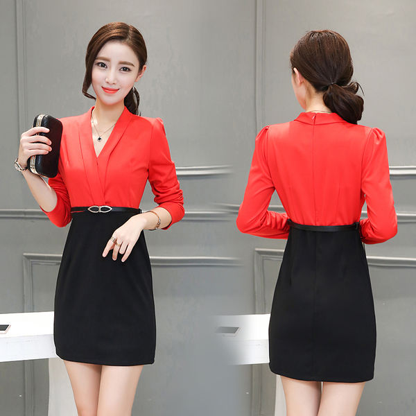 KoreanColorBlockVNeckShortFashionDresses-TZK081811
