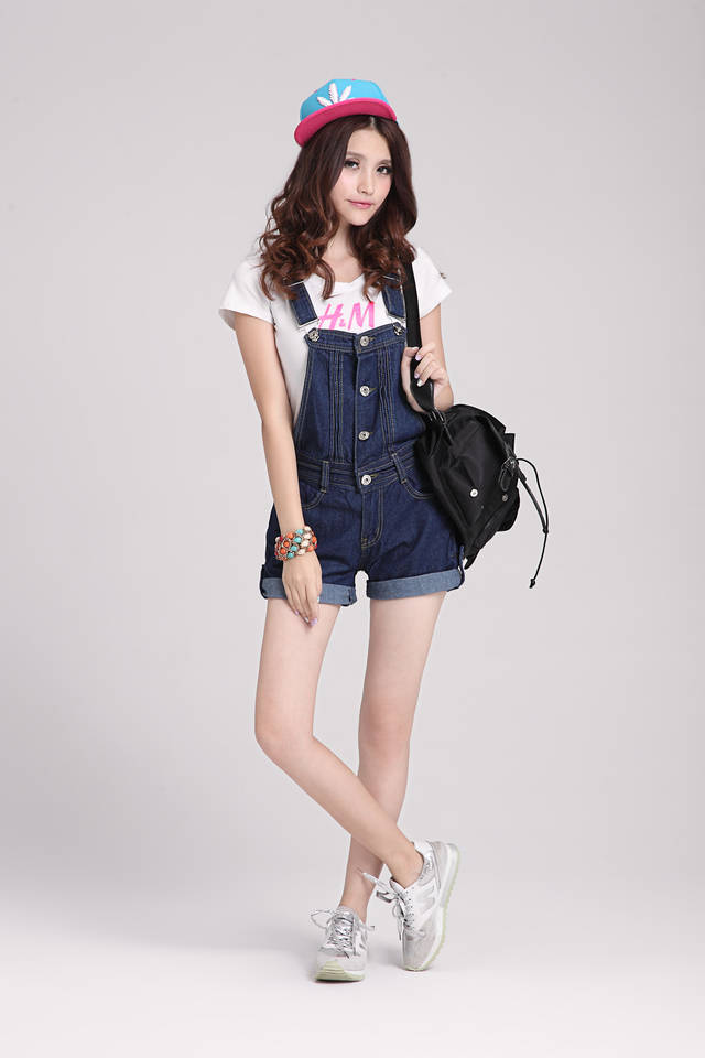 KoreanCuteGirlsDenimBibPantsTurn-upCuffOverallsShortsPocketCrossoverButtonsBracesTrousers-FT033113