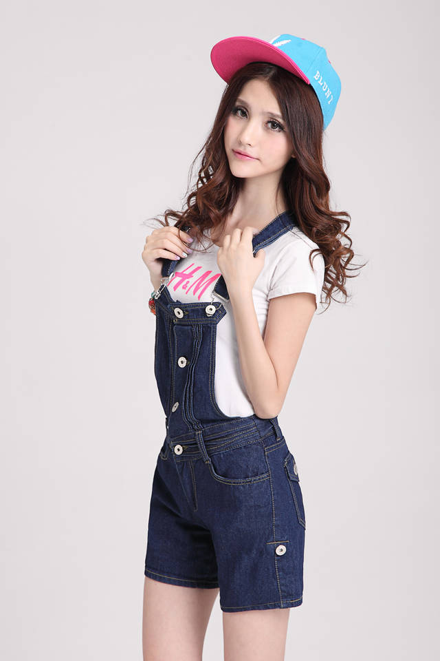 KoreanCuteGirlsDenimBibPantsTurn-upCuffOverallsShortsPocketCrossoverButtonsBracesTrousers-FT033113