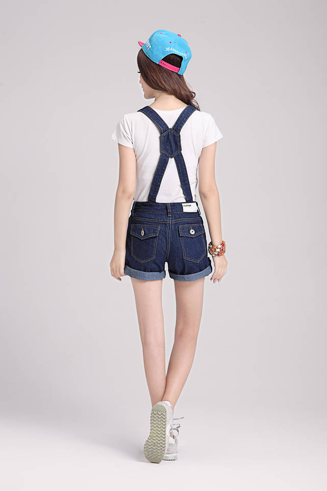 KoreanCuteGirlsDenimBibPantsTurn-upCuffOverallsShortsPocketCrossoverButtonsBracesTrousers-FT033113