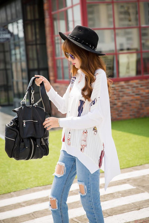 KoreanDesignWomenFloralPrintingLooseRoundNeckAsymetricalHemSweater-ZME100644