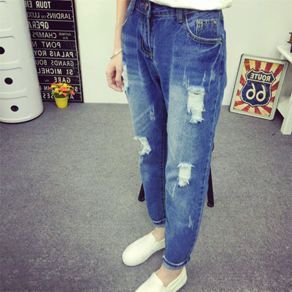 KoreanDesignWomenHoleStraightLongBlueJeans-ZME081810BU