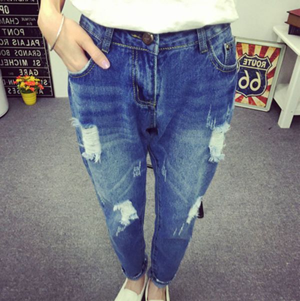 KoreanDesignWomenHoleStraightLongBlueJeans-ZME081810BU