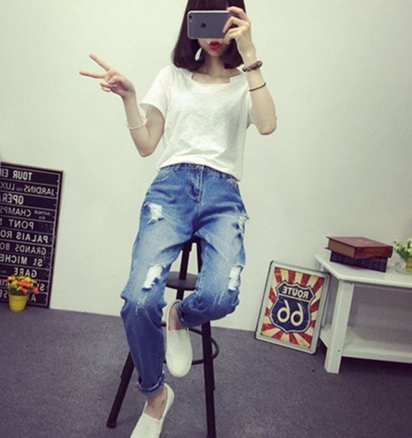 KoreanDesignWomenHoleStraightLongBlueJeans-ZME081810BU