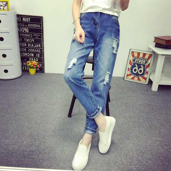 KoreanDesignWomenHoleStraightLongBlueJeans-ZME081810BU