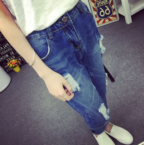 KoreanDesignWomenHoleStraightLongBlueJeans-ZME081810BU