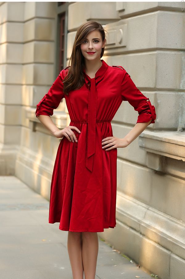 KoreanDesignWomenSolidColorLongSleeveBandageDresses-ZME091054WR