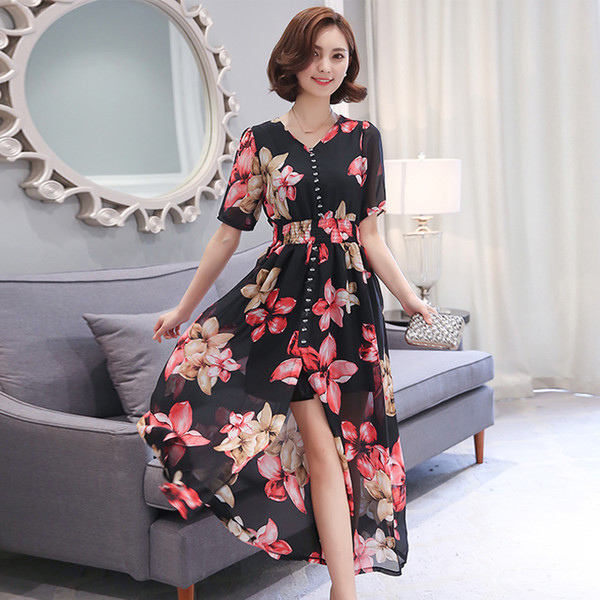 KoreanElegantFloralPrintVNeckSlitBeautifulDress-TFK060242