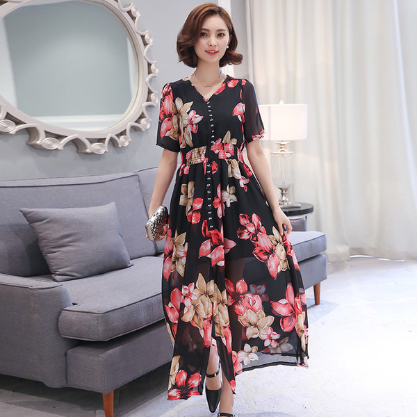 KoreanElegantFloralPrintVNeckSlitBeautifulDress-TFK060242