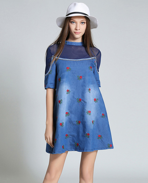 KoreanEmbroideryDenimPatchworkShortDresses-TFK081813