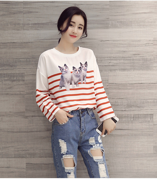 KoreanFashionCutePrintingStripeStreetT-Shirt-TYK040241