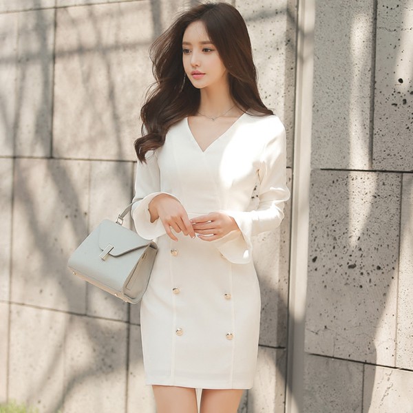 KoreanFashionFlareSleeveWhitePrettyDresses-TFK081810WI