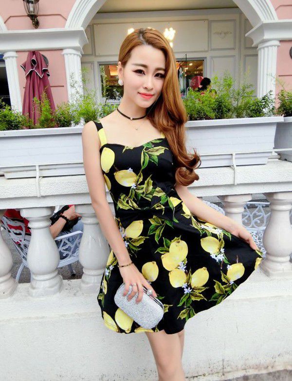 KoreanFashionPrintingFloralBowStrapShortDress-TFK051404