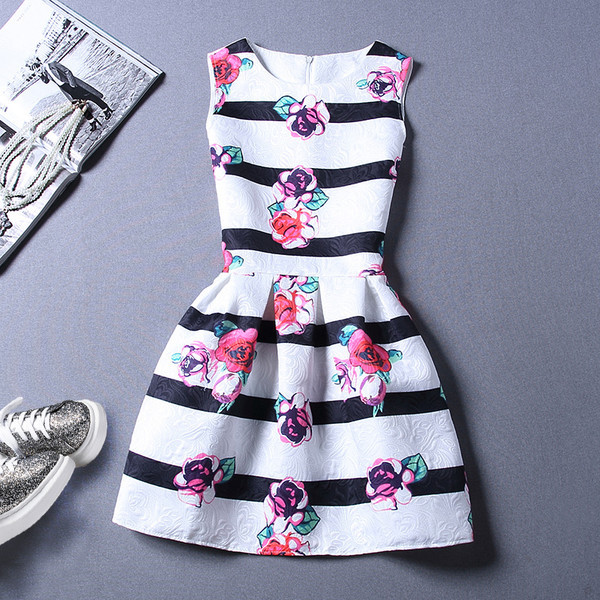 KoreanFashionStripePrintingFloralPartyDress-TFK050504WI