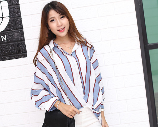 KoreanFashionStripedAsymmetricalHemWomenBlouses-YHK090807