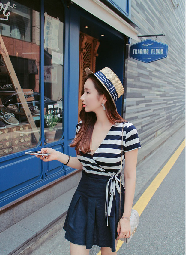 KoreanFashionStripedFakeTwoPiecesDresses-ZMK032345DB