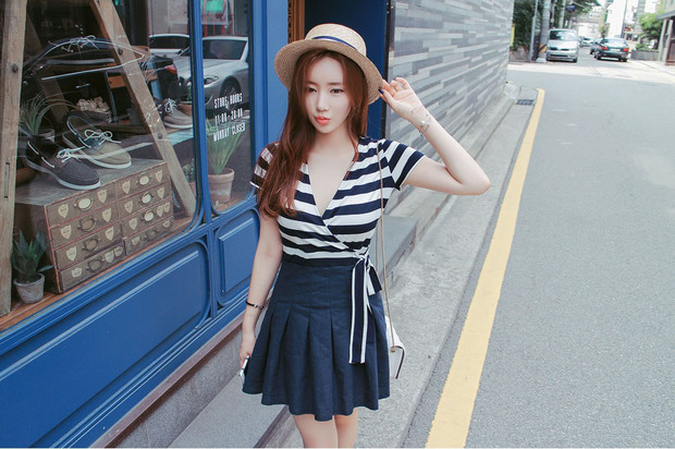 KoreanFashionStripedFakeTwoPiecesDresses-ZMK032345DB