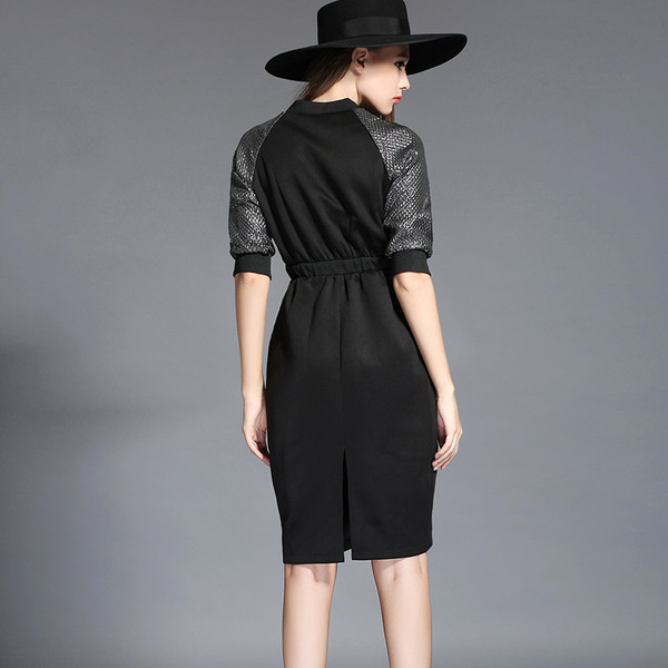 KoreanFashionVNeckZipperBlackWomensDresses-TFK080602BA