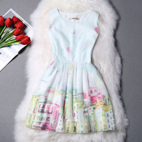 KoreanFreshStylePrintingZipperMiniDress-TFK042140