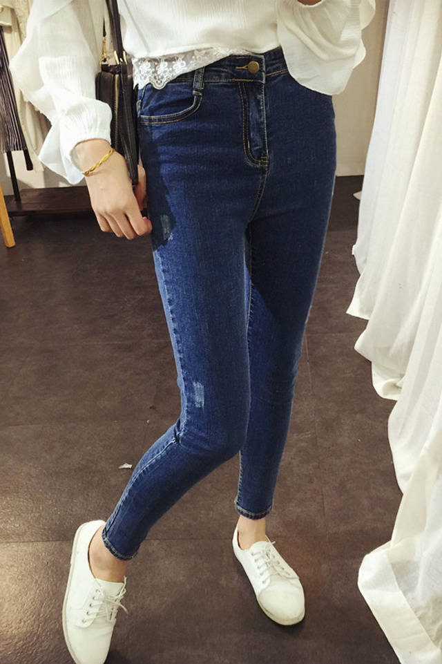 KoreanHighQualityBlueTrendyFrayedPencilJeansForWomen-XHE073011BU