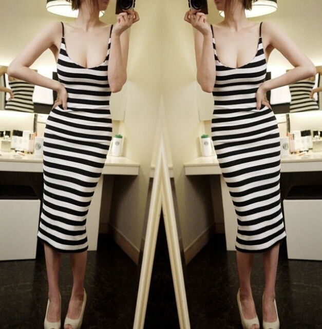 KoreanHotSaleCheapAllMatchBlackStripedSlimWearWrapStrapDress-XHE030910BA