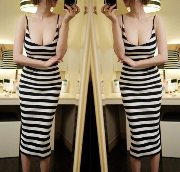 KoreanHotSaleCheapAllMatchBlackStripedSlimWearWrapStrapDress-XHE030910BA