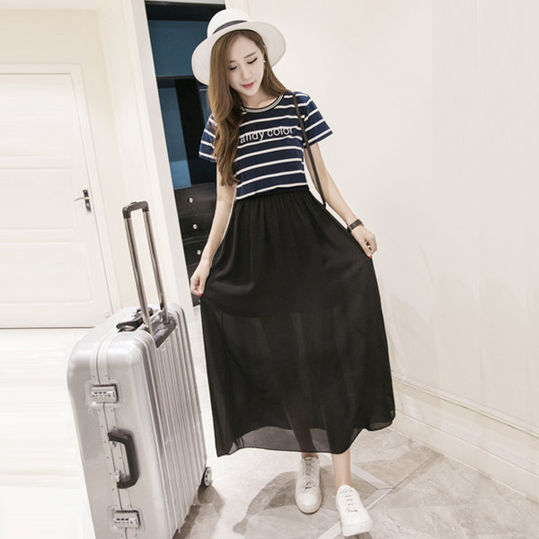 KoreanLadyLetterStripedShortSleeveCasualDress-HYK070616