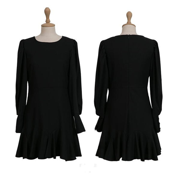 KoreanLadyWomenBlackLanternSleeveFlouncedZipMiniElegantDress-XFE110414BA