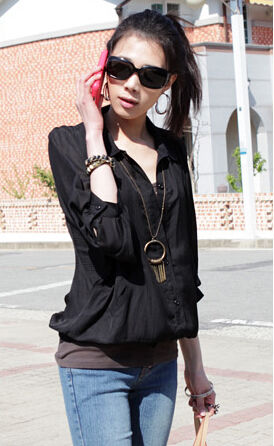 KoreanLooseChiffonBlackBlouse-ZFK010722BA