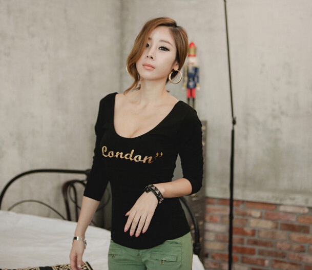 KoreanNewFashionSexyLadyLowestPriceU-CollarLONDONPrintedModalT-Shirt-ME091505