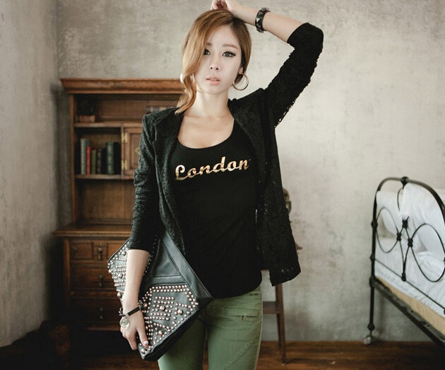 KoreanNewFashionSexyLadyLowestPriceU-CollarLONDONPrintedModalT-Shirt-ME091505