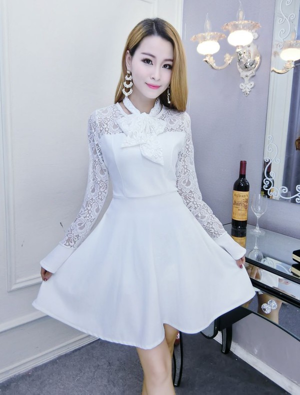 KoreanNiceLacePanelBowNeckPartyDress-AFK091243