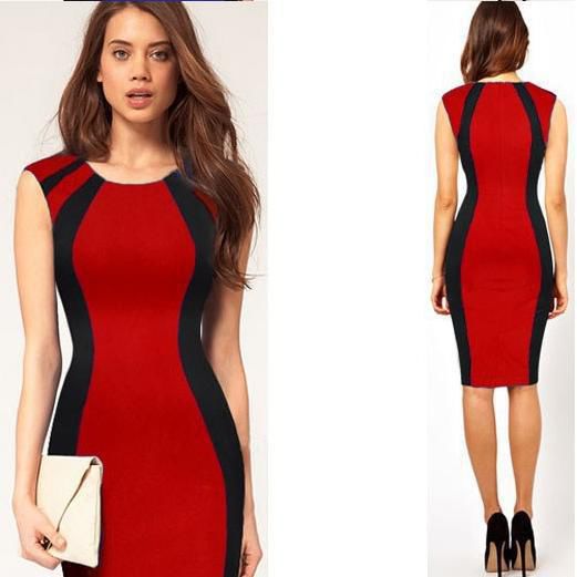 KoreanOLStyleColorBlockSleevelessPencilDress-TZK070916