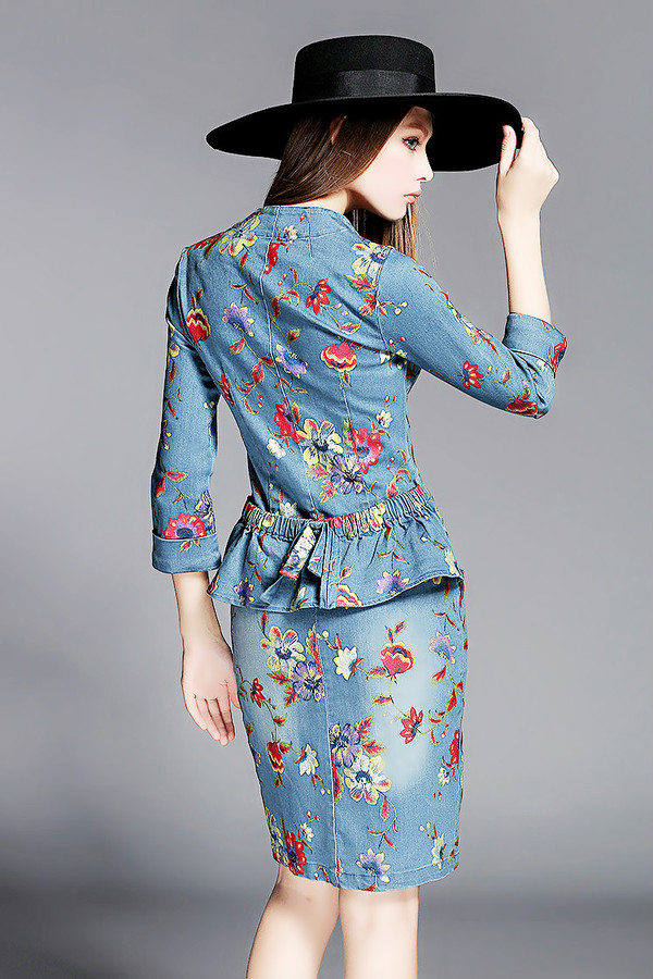 KoreanOLStyleVNeckPrintFloralDenimFashionDresses-TFK081532