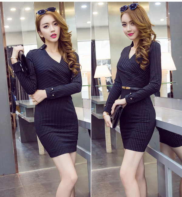 KoreanOfficeLadyStripedVNeckLongSleeveWrapMidWaistDresses-ZME102743