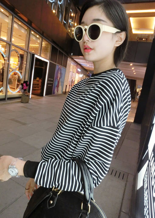 KoreanPeppyStyleHoodieWhiteStripedRoundCollarLongSleeveFittedCottonCasualHoodies-JFT082816