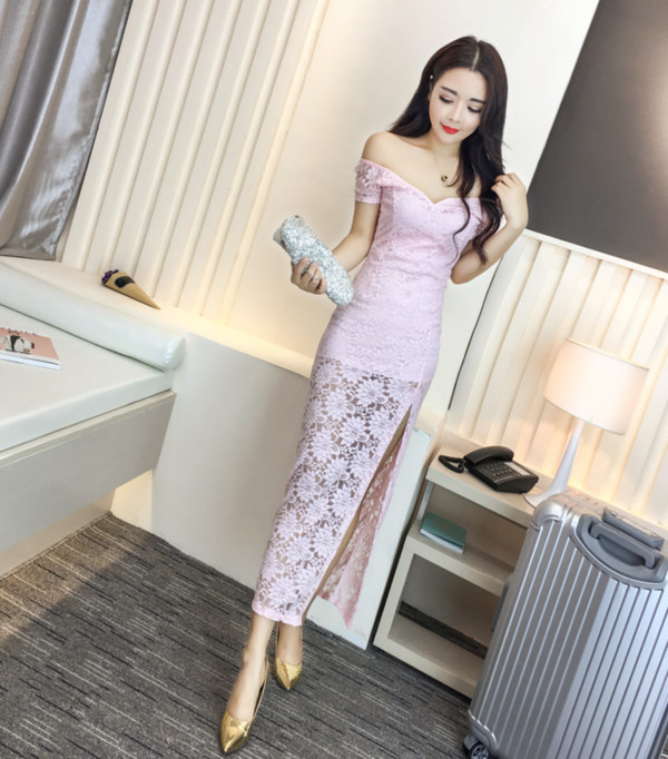 KoreanSexyOffShoulderLaceSlitNightDress-TFK050914